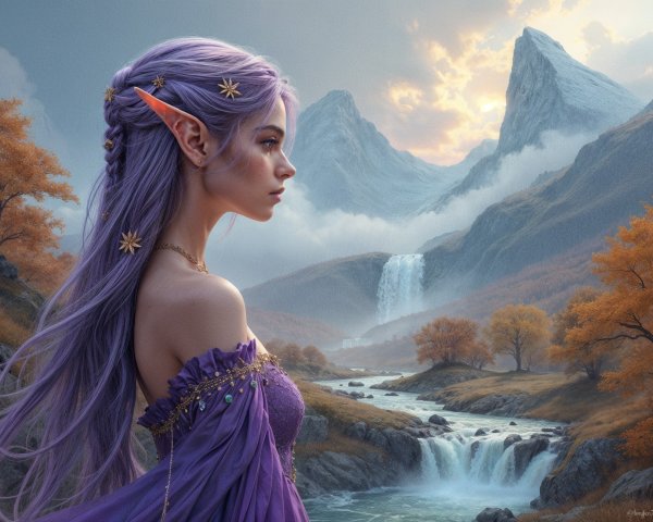 Serene Fantasy Scene with Elf and Majestic Landscape