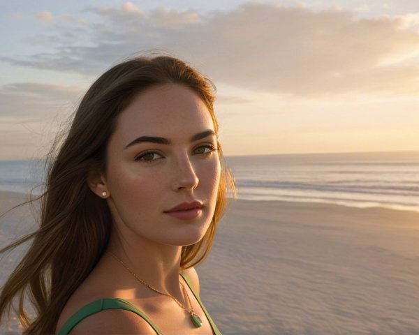 Young woman on a beach at sunset with waves