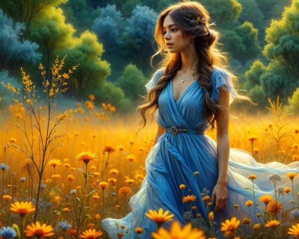 Young Woman in Blue Dress in Flower Field