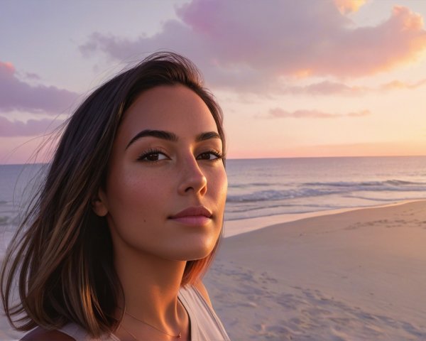 Young woman on beach at sunset with serene waves