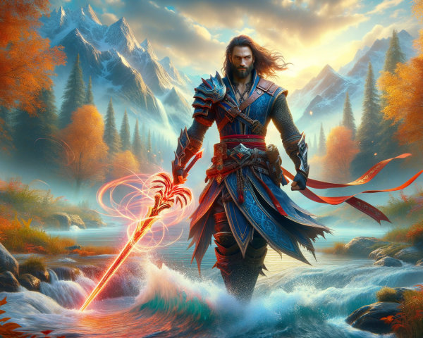 Fierce Warrior in Ornate Armor Amidst Serene Landscape