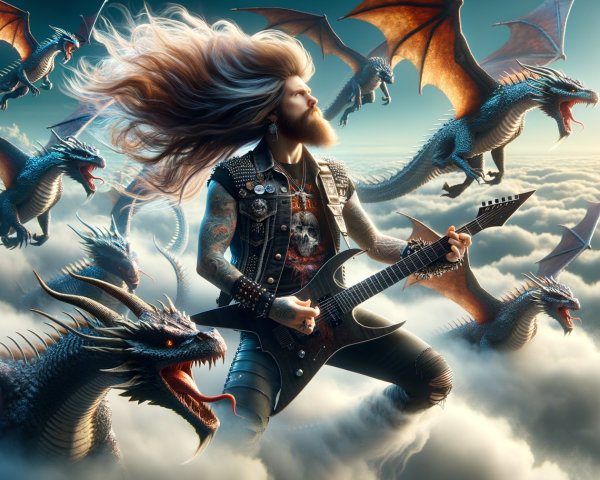 Guitarist Surrounded by Dragons in Fantasy Scene