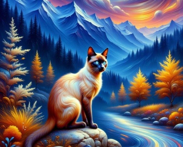 Serene Landscape with Mountain, Moon, and Cat