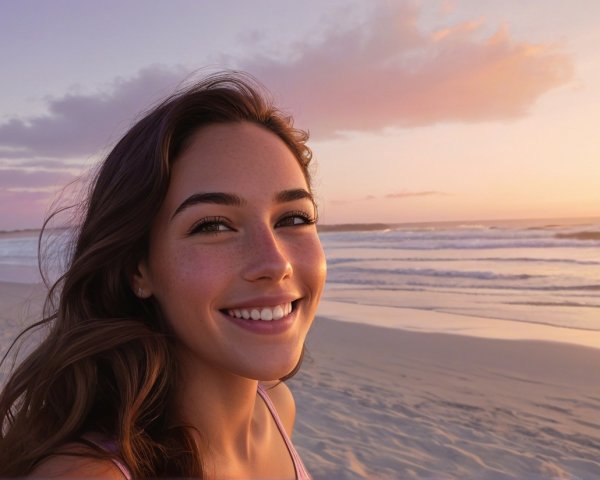 Young woman on serene beach at sunset with waves