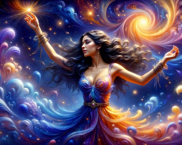 Cosmic Dance of a Woman Amidst Swirling Galaxies