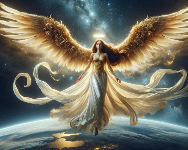 Celestial Figure with Golden Wings Above Earth