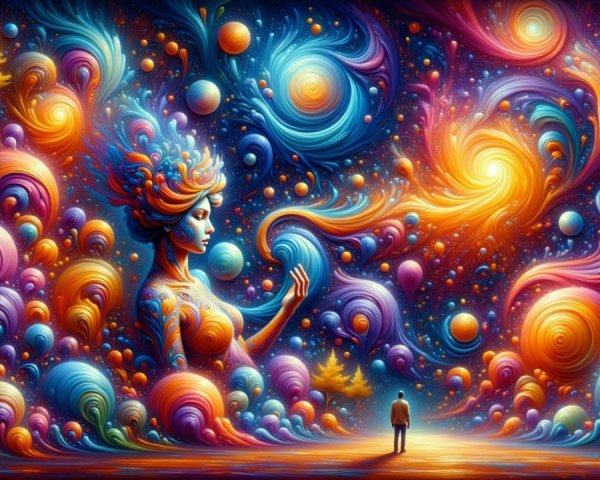 Vibrant Cosmic Scene with Ethereal Figure and Galaxies
