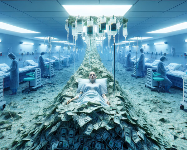 Surreal Hospital Scene with Money and Medical Care