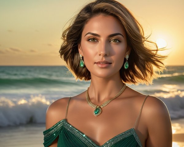 Elegant Woman in Green Dress at Sunset Beach