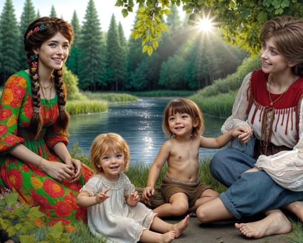 Mother and friend by tranquil lake in serene forest
