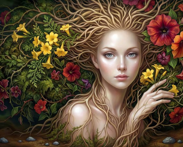 Art Nouveau Digital Painting Featuring Woman and Nature