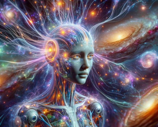 Futuristic humanoid figure in cosmic galaxy backdrop