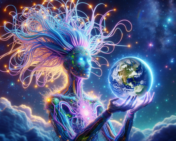 Ethereal Being with Energy Hair and Glowing Earth