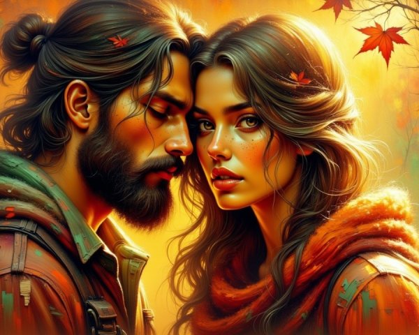 Couple in Autumn Setting Surrounded by Golden Leaves