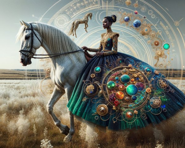 Cosmic-Themed Gown and White Horse in Dreamy Landscape