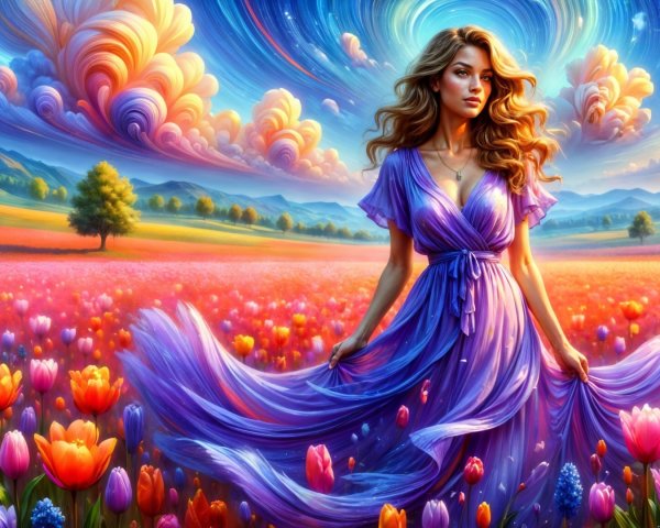 Woman in Purple Dress in Vibrant Tulip Field
