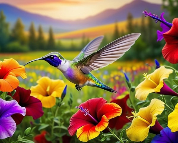 Hummingbird Hovering Over Colorful Blooming Flowers