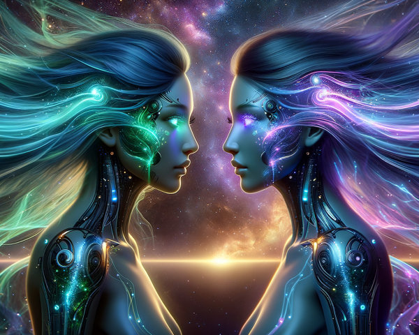 Ethereal Figures with Cosmic Hair and Metallic Designs