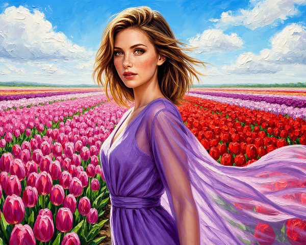 Woman in Lilac Dress in Tulip Field Under Blue Sky