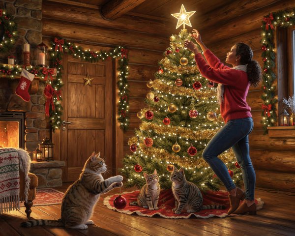 Cozy Christmas Cabin with Decorated Tree and Cats