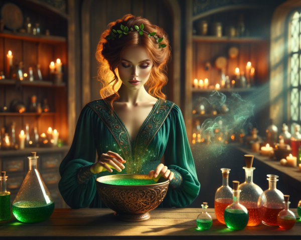 Young Woman in Green Gown by Glowing Cauldron
