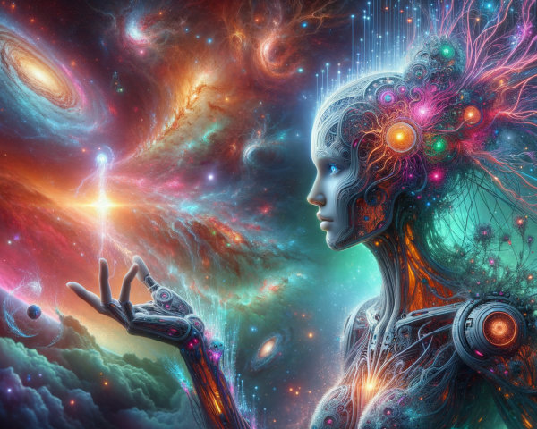 Humanoid Figure with Circuitry in Cosmic Scene
