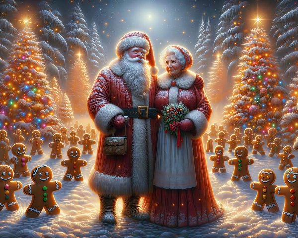 Santa and Mrs. Claus in a snowy Christmas scene