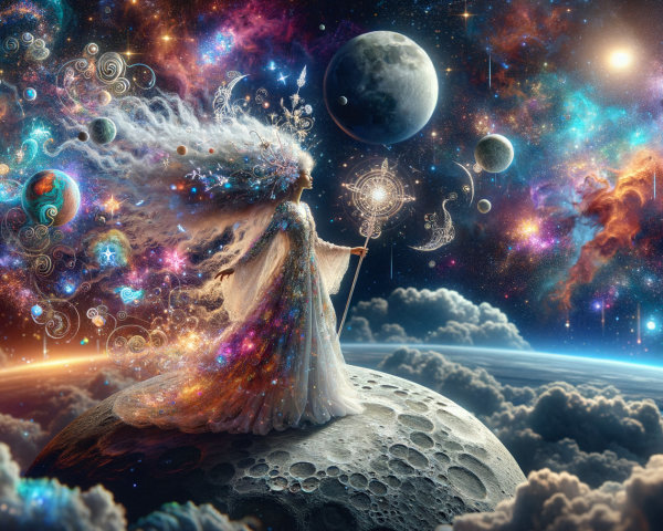 Celestial Figure in Ethereal Gown on Moonlit Surface