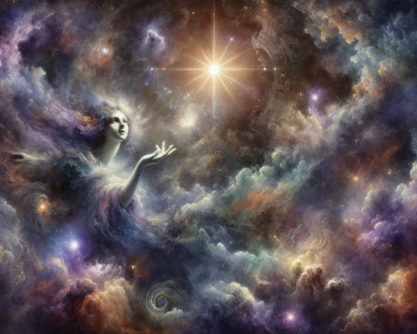 Mystical Figure in a Colorful Celestial Scene