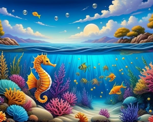 Vibrant Coral Reef with Seahorse and Colorful Fish