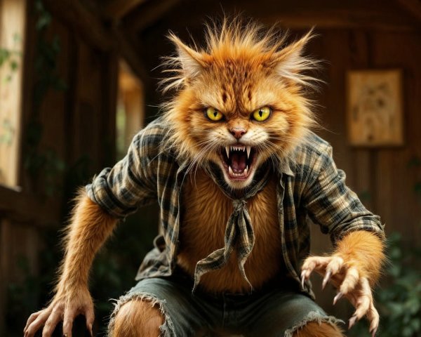 Fierce Anthropomorphic Cat Creature in Rustic Cabin