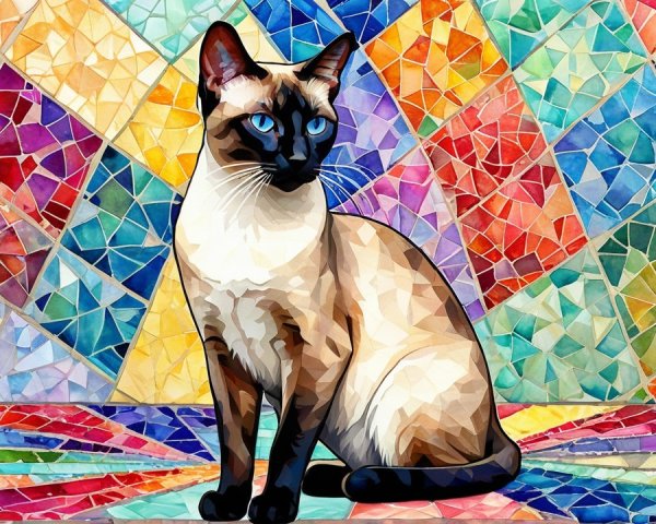 Siamese Cat Against Vibrant Mosaic Background