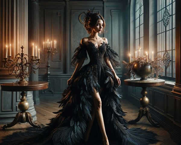 Elegant Woman in Lavish Room with Black Gown