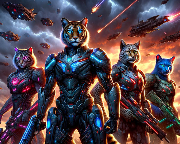 Futuristic Armored Feline Warriors in Cosmic Scene