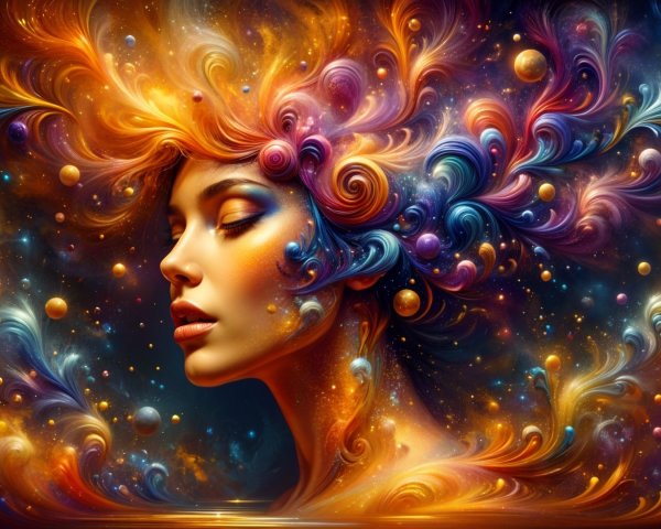 Cosmic Dust Hair and Celestial Background Profile View