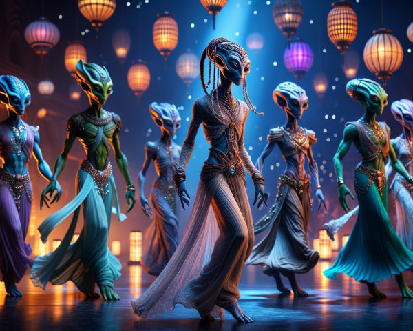 Elegant Alien Beings in a Mystical Celebration Scene