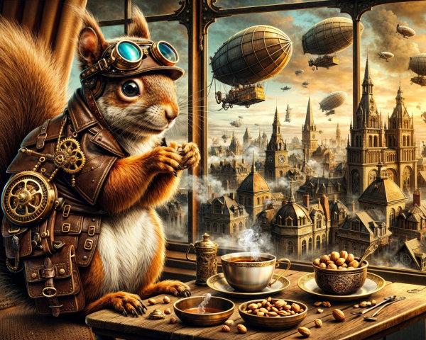Steampunk Squirrel in a Fantasy Cityscape Setting