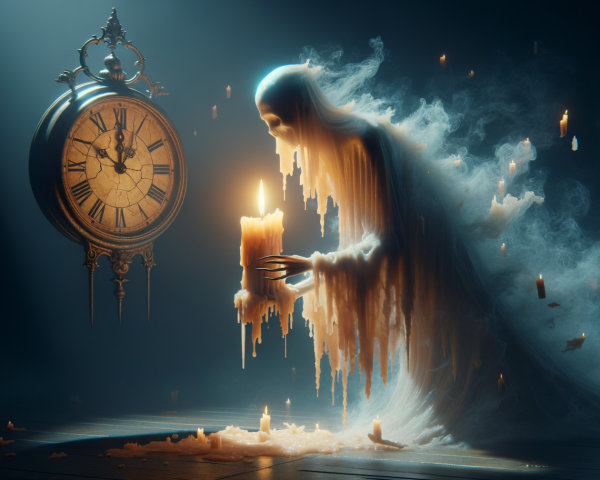 Ethereal Figure with Melting Candle in Dark Space