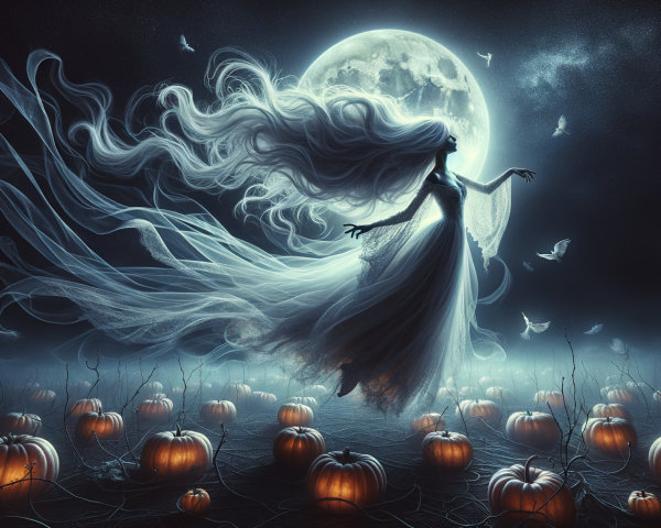 Ghostly Figure Dancing Among Glowing Pumpkins at Night