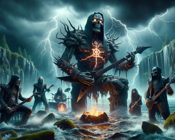 Undead Figure and Skeletal Musicians in Stormy Landscape