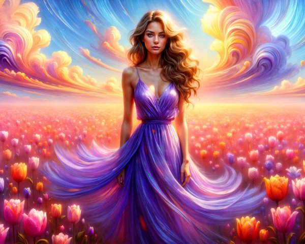 Young Woman in Vibrant Tulip Field with Colorful Sky
