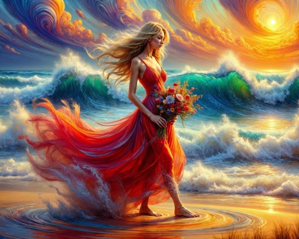 Figure in Red Dress on Beach at Sunset with Flowers