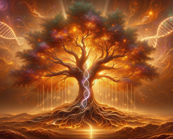 Majestic tree with DNA strands and ethereal lights