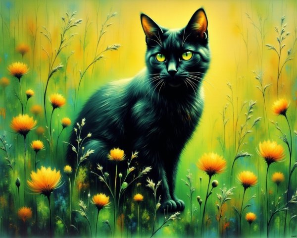 Black Cat in Vibrant Field of Yellow Flowers