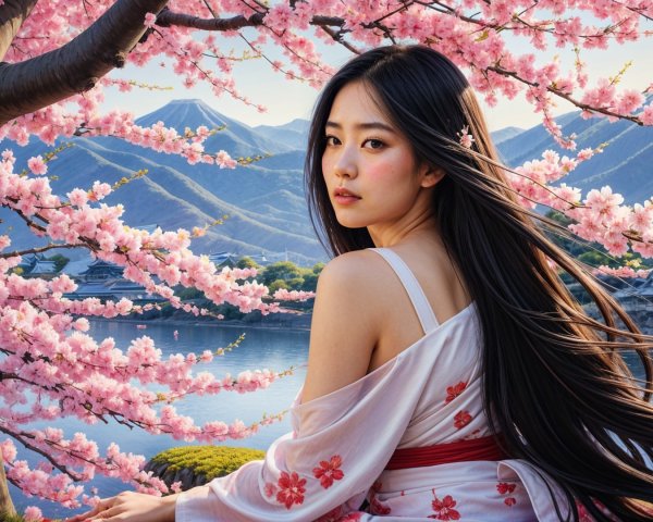 Young Woman in Kimono Surrounded by Cherry Blossoms