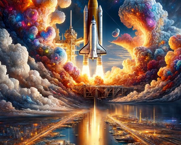 Majestic Space Shuttle Launch in Cosmic Landscape