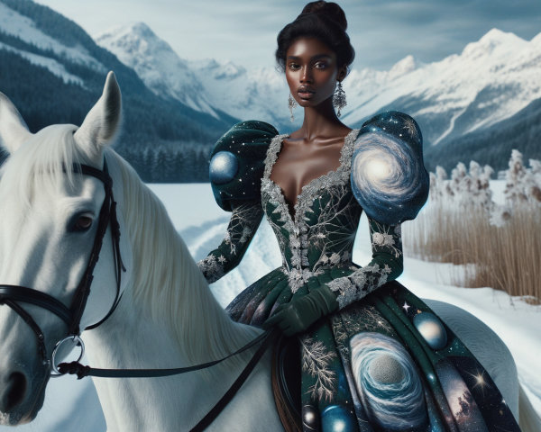 Figure on White Horse in Snowy Mountain Landscape