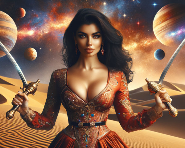Fierce Warrior in Desert with Cosmic Background