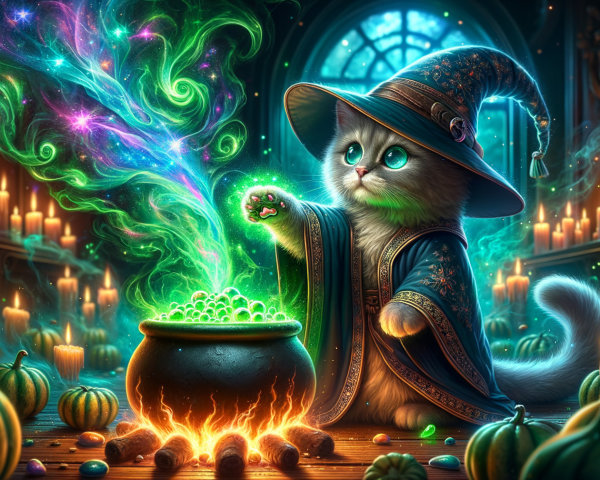 Fluffy Cat in Wizard Hat by Bubbling Cauldron