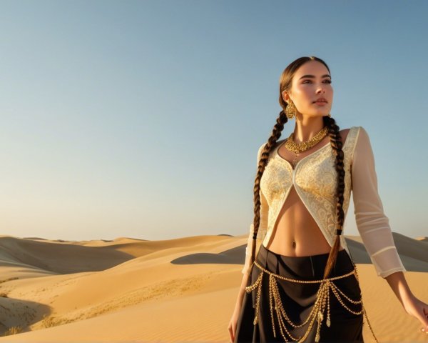 Young woman in elegant outfit in desert landscape
